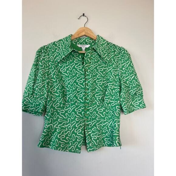 NEW LK Bennett Esme Ribbon Print Collared Short Sleeve Woven Top Green Size: 4 - Picture 2 of 8